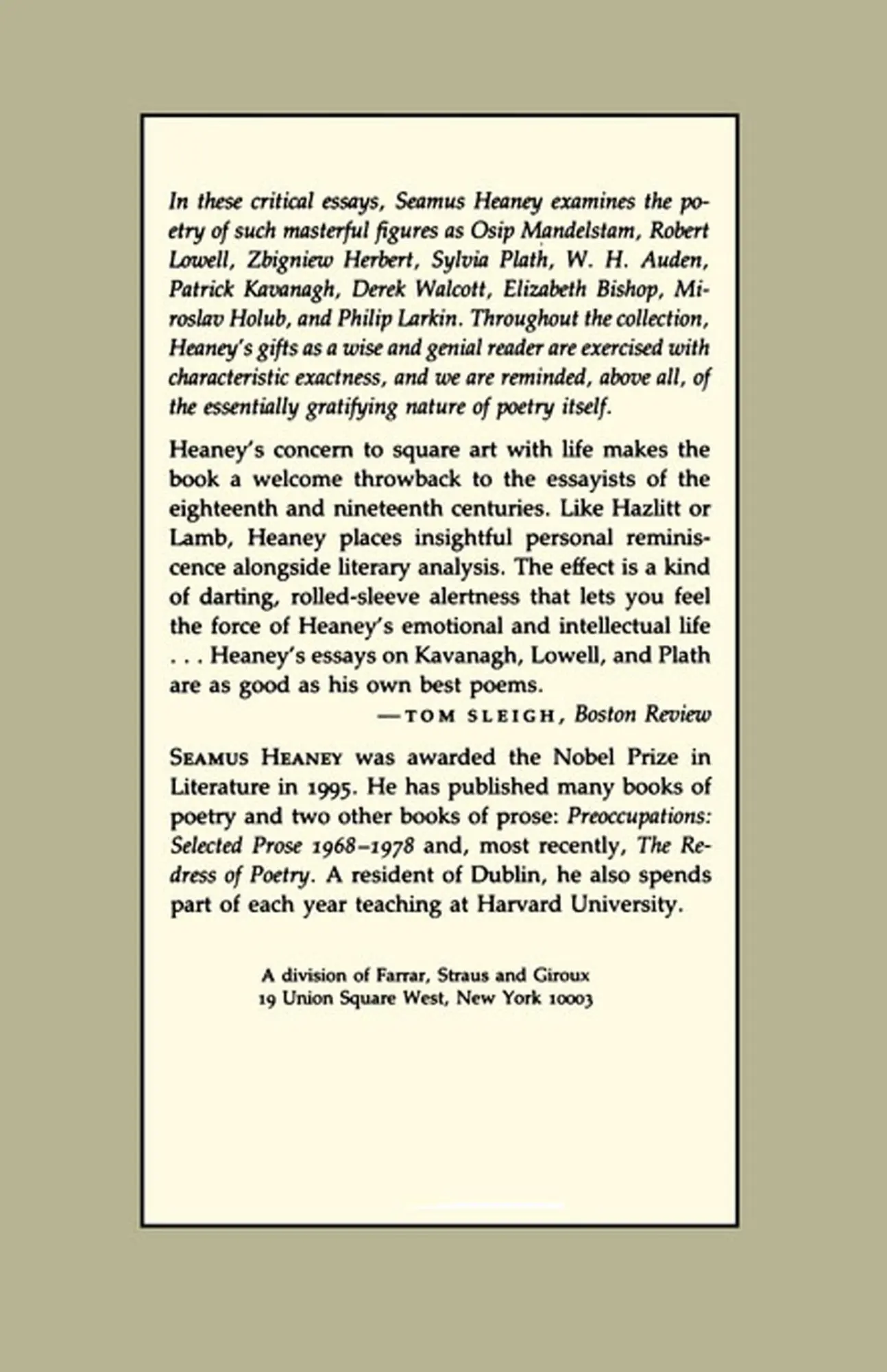 Rückseite: 9780374522209 | The Government of the Tongue | Seamus Heaney | Taschenbuch | Englisch