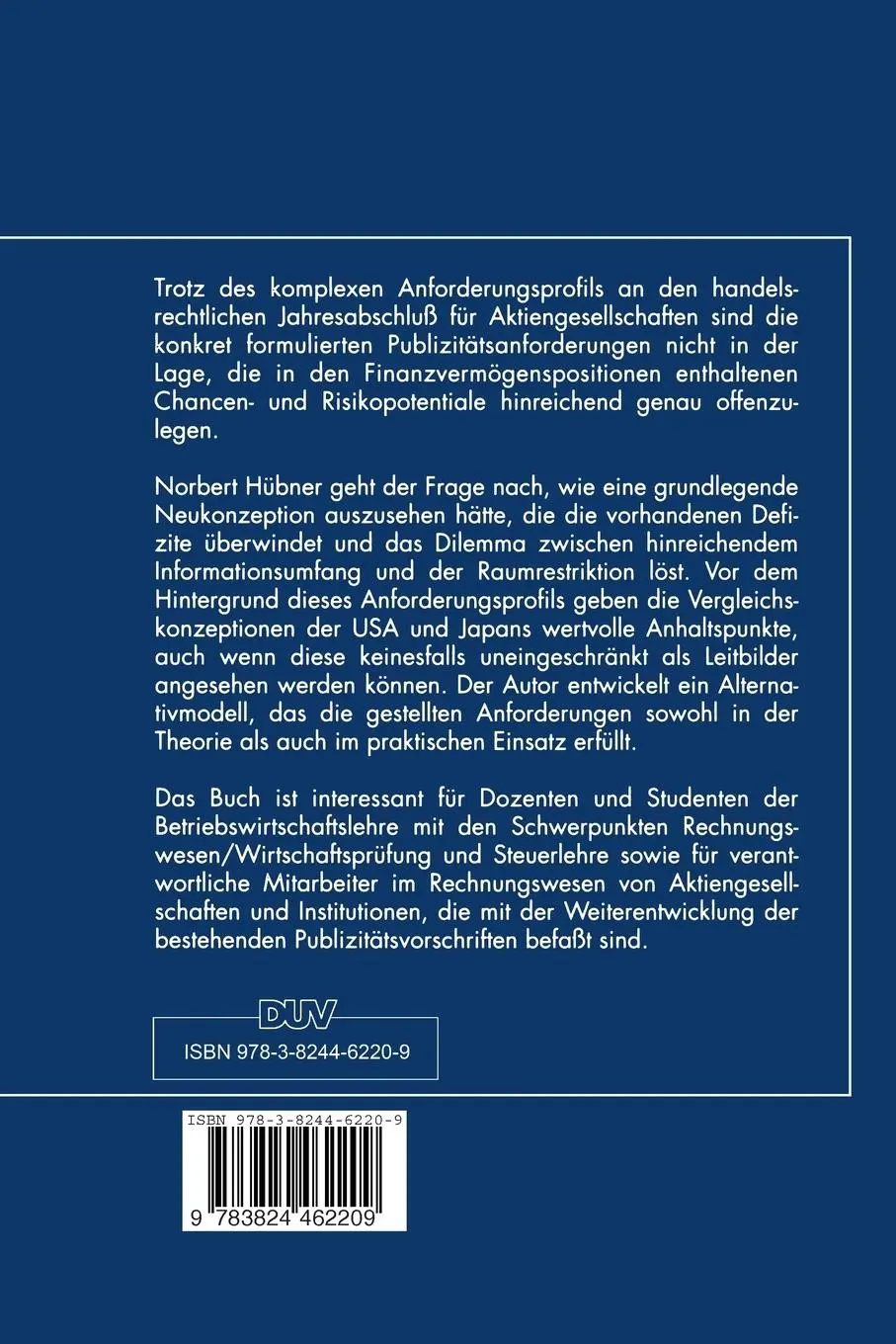 Rückseite: 9783824462209 | Die Publizität des Finanzvermögens im Jahresabschluß | Norbert Hübner