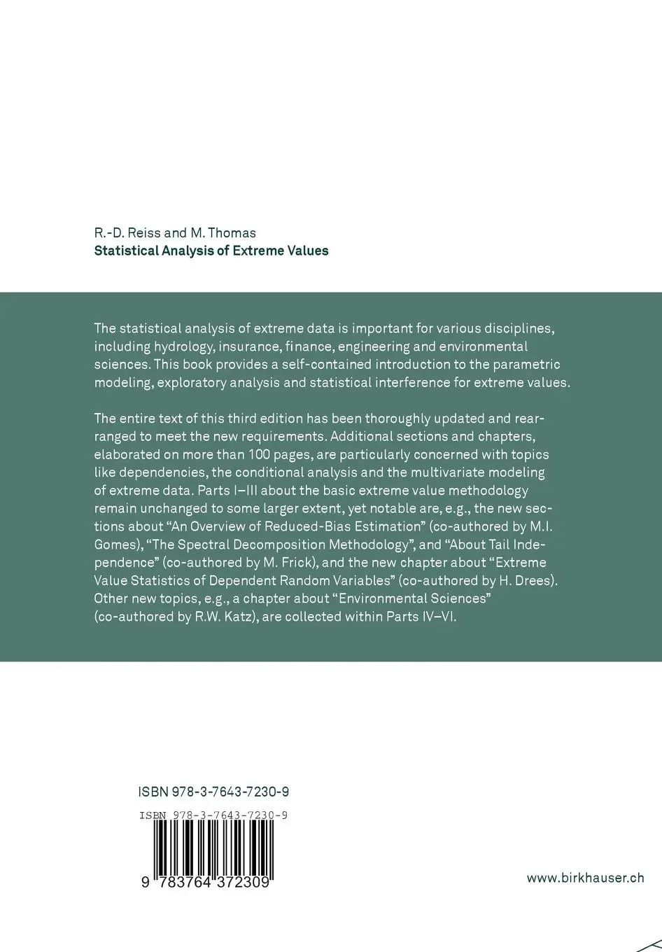 Rückseite: 9783764372309 | Statistical Analysis of Extreme Values | Michael Thomas (u. a.) | Buch