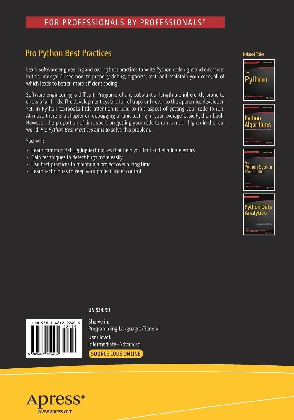 Rückseite: 9781484222409 | Pro Python Best Practices | Debugging, Testing and Maintenance | Buch