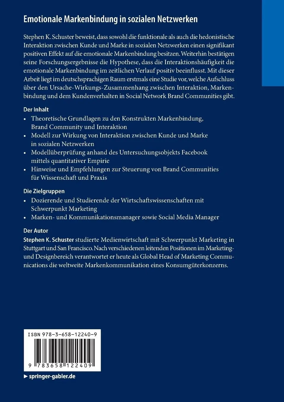 Rückseite: 9783658122409 | Emotionale Markenbindung in sozialen Netzwerken | Stephen K. Schuster