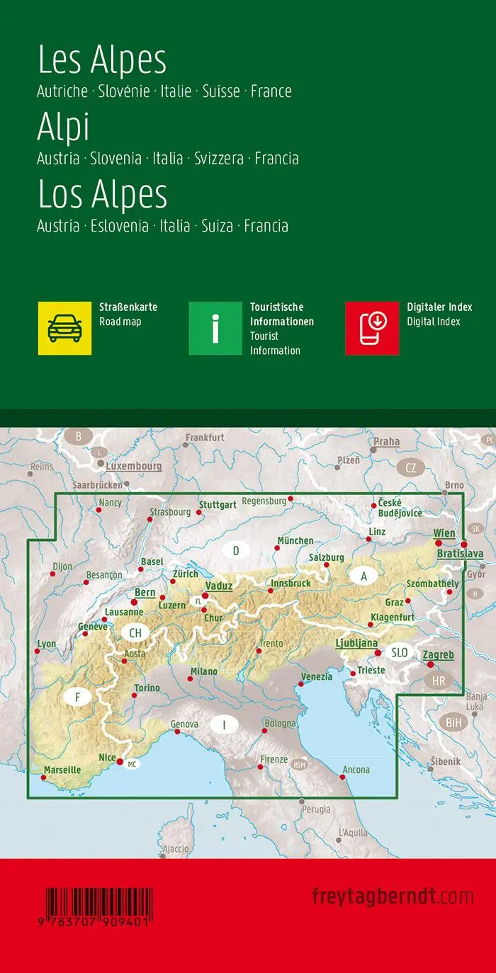 Rückseite: 9783707922509 | freytag &amp; berndt Straßenkarte Alpenländer, Österreich - Deutschland...