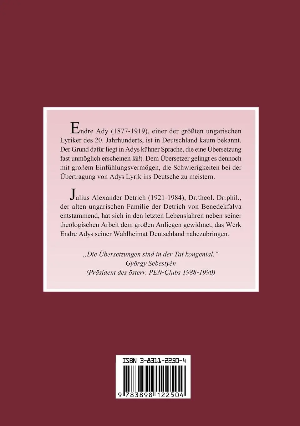 Rückseite: 9783831122509 | Ausgewählte Gedichte | Endre Ady | Taschenbuch | 128 S. | Deutsch