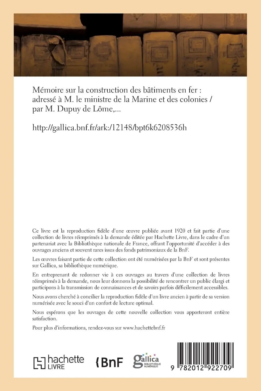 Rückseite: 9782012922709 | Mémoire Sur La Construction Des Bâtiments En Fer: Adressé À M. Le...