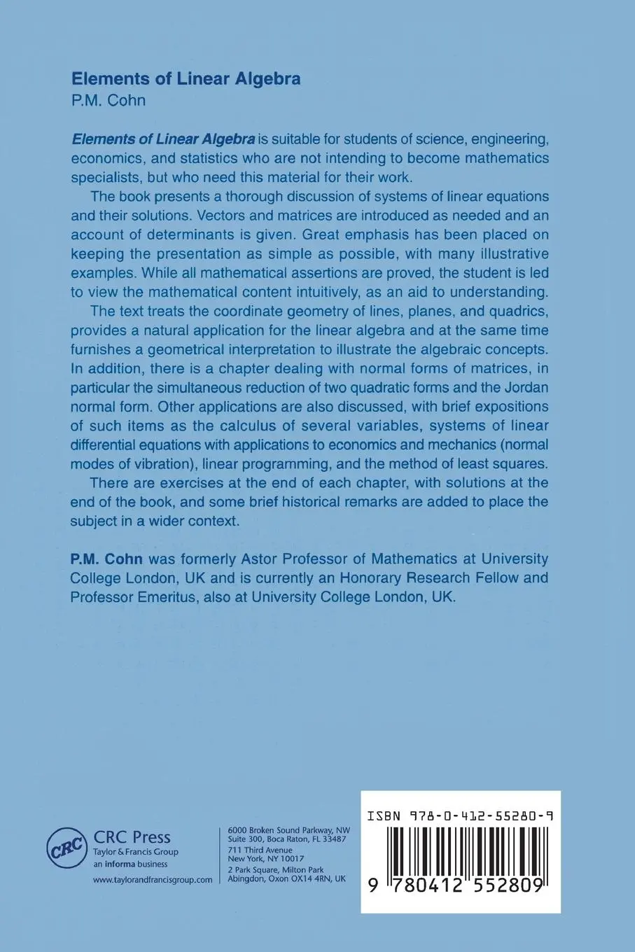Rückseite: 9780412552809 | Elements of Linear Algebra | P. M. Cohn | Taschenbuch | Englisch
