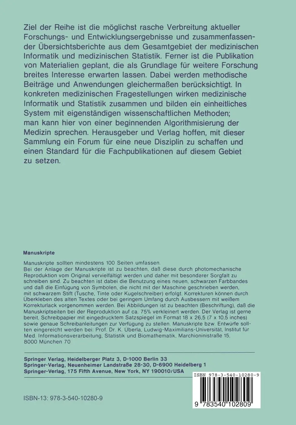 Rückseite: 9783540102809 | Ausbildung in Medizinischer Dokumentation, Statistik und...