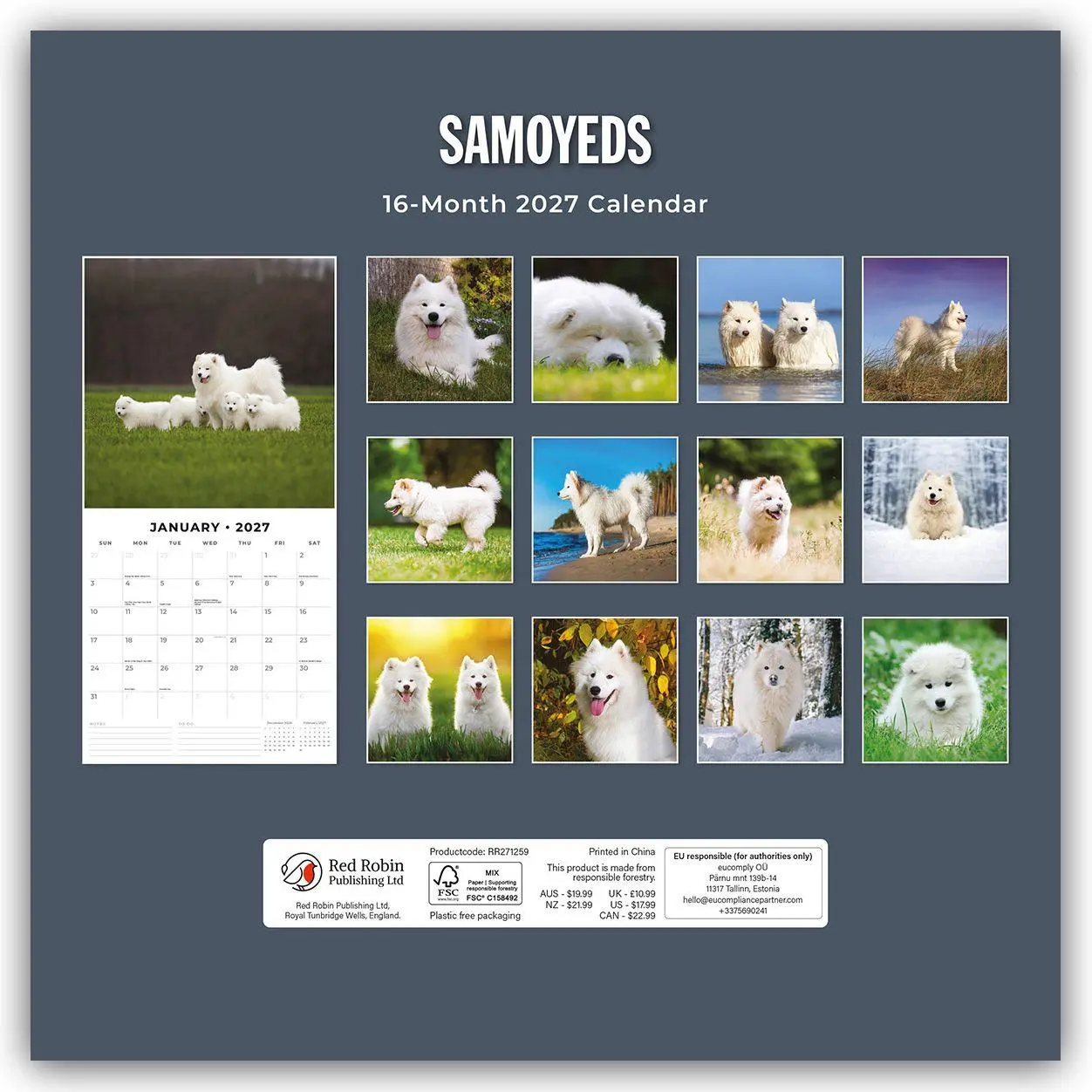 Rückseite: 9781837012909 | Samoyeds - Samojede - Samojedenspitz 2027 - 16-Monatskalender | Red