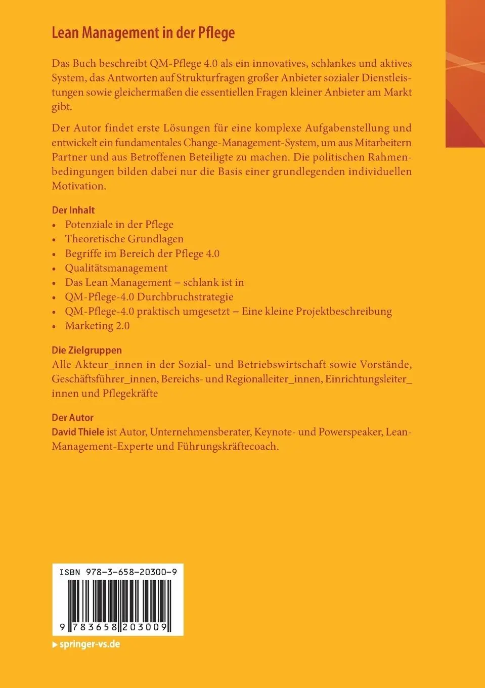 Rückseite: 9783658203009 | Lean Management in der Pflege | QM-Pflege 4.0 | David Thiele | Buch