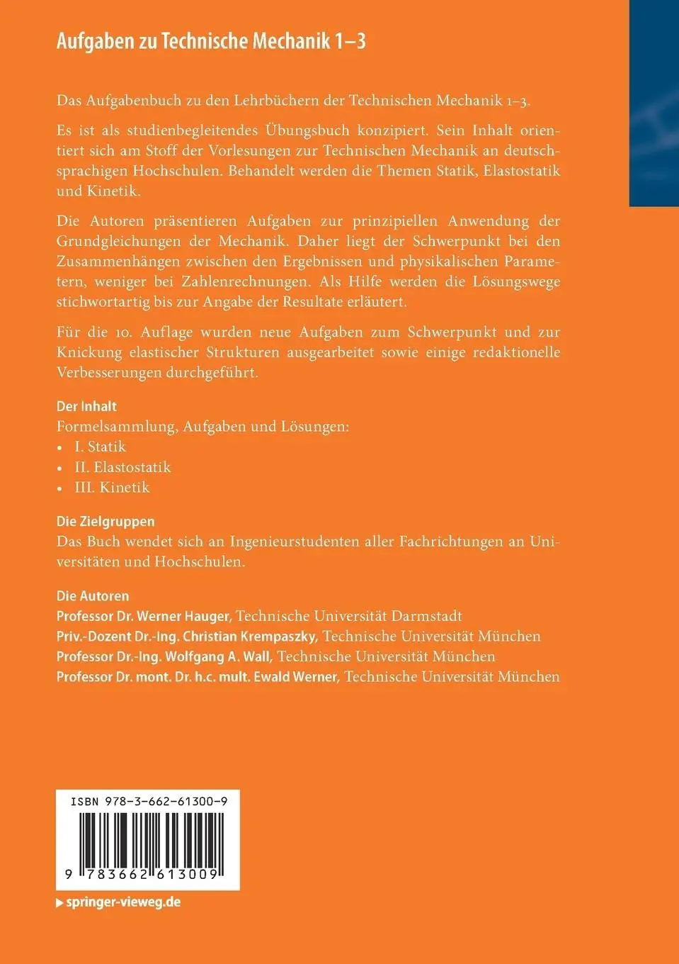 Rückseite: 9783662613009 | Aufgaben zu Technische Mechanik 1-3 | Statik, Elastostatik, Kinetik