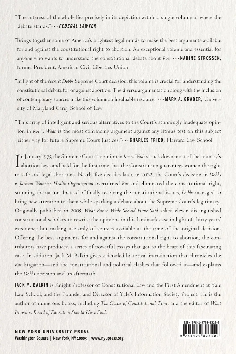 Rückseite: 9781479823109 | What Roe V. Wade Should Have Said | Jack M Balkin | Taschenbuch | 2023