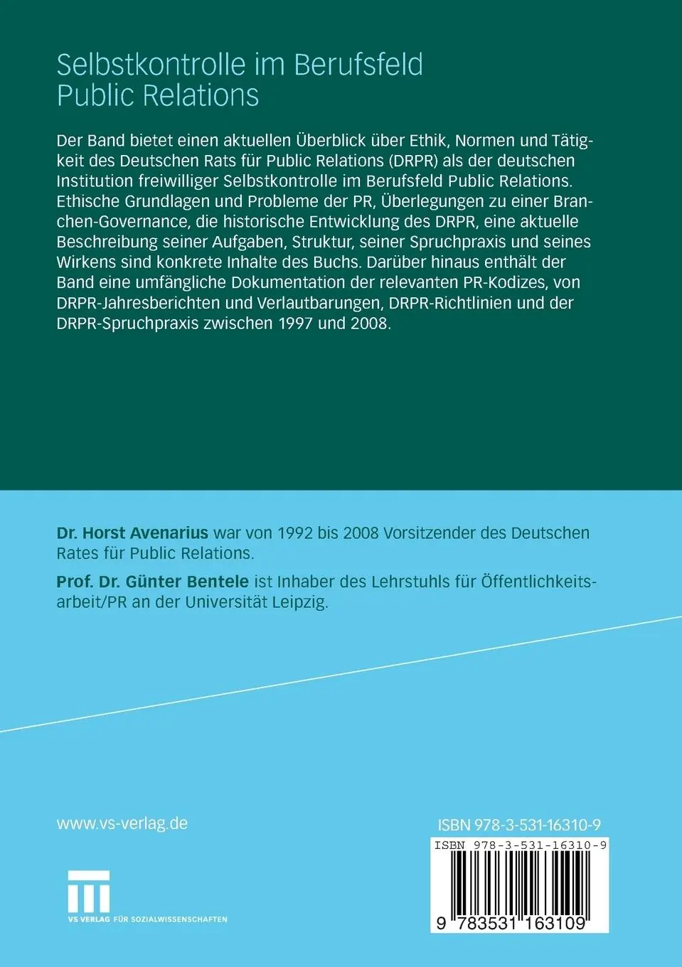 Rückseite: 9783531163109 | Selbstkontrolle im Berufsfeld Public Relations | Bentele (u. a.)