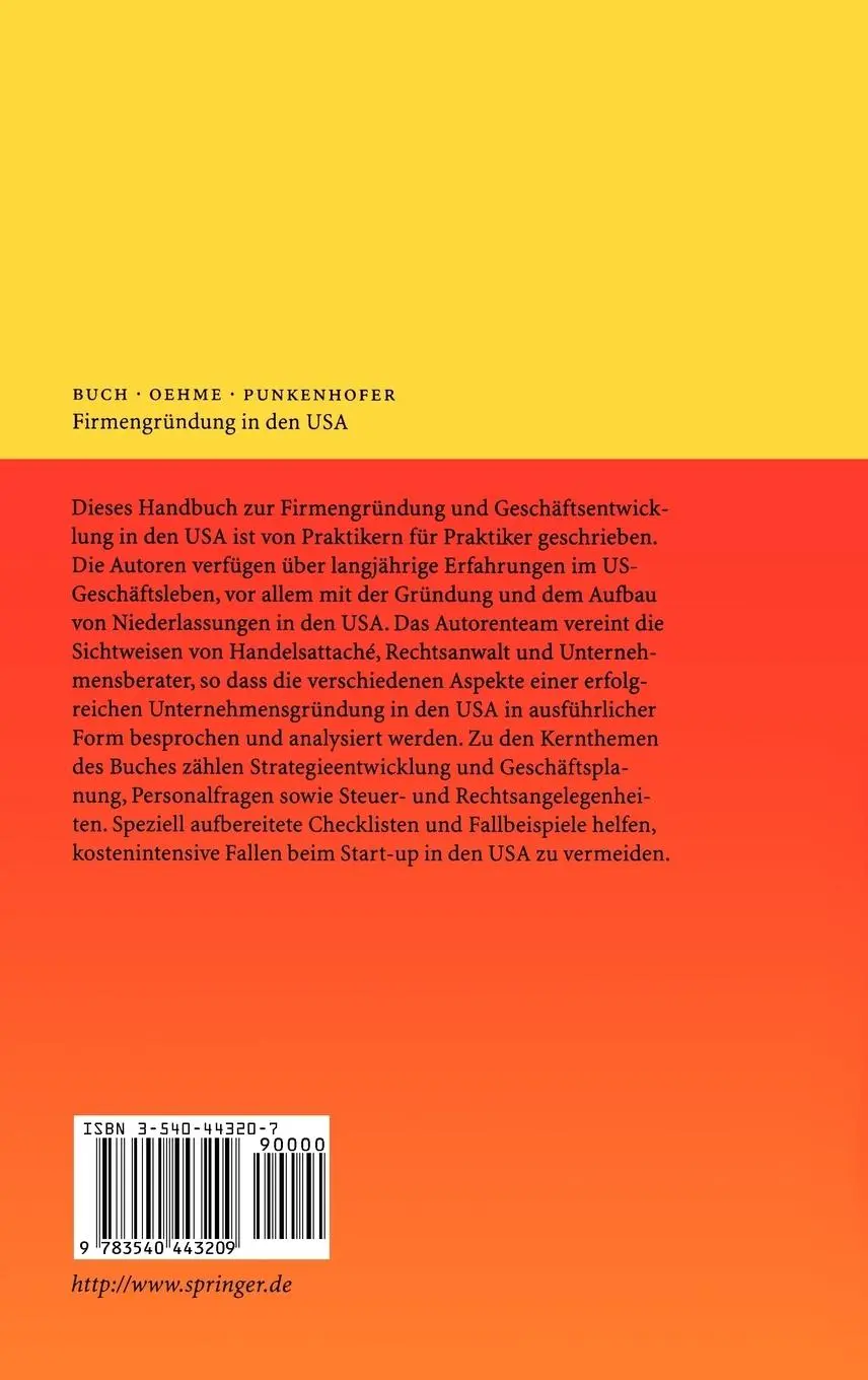 Rückseite: 9783540443209 | Firmengründung in den USA | Ein Handbuch für die Praxis | Buch (u. a.)
