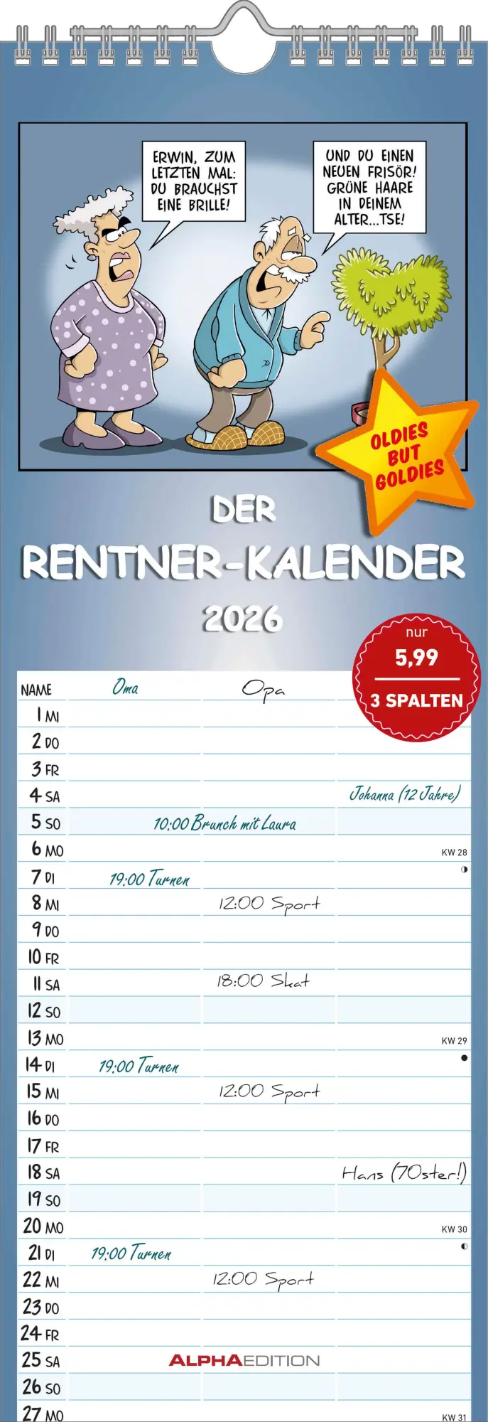 Cover: 4069095003309 | Rentnerkalender 2026 Streifenkalender, 15x42cm, Kalender mit 3...