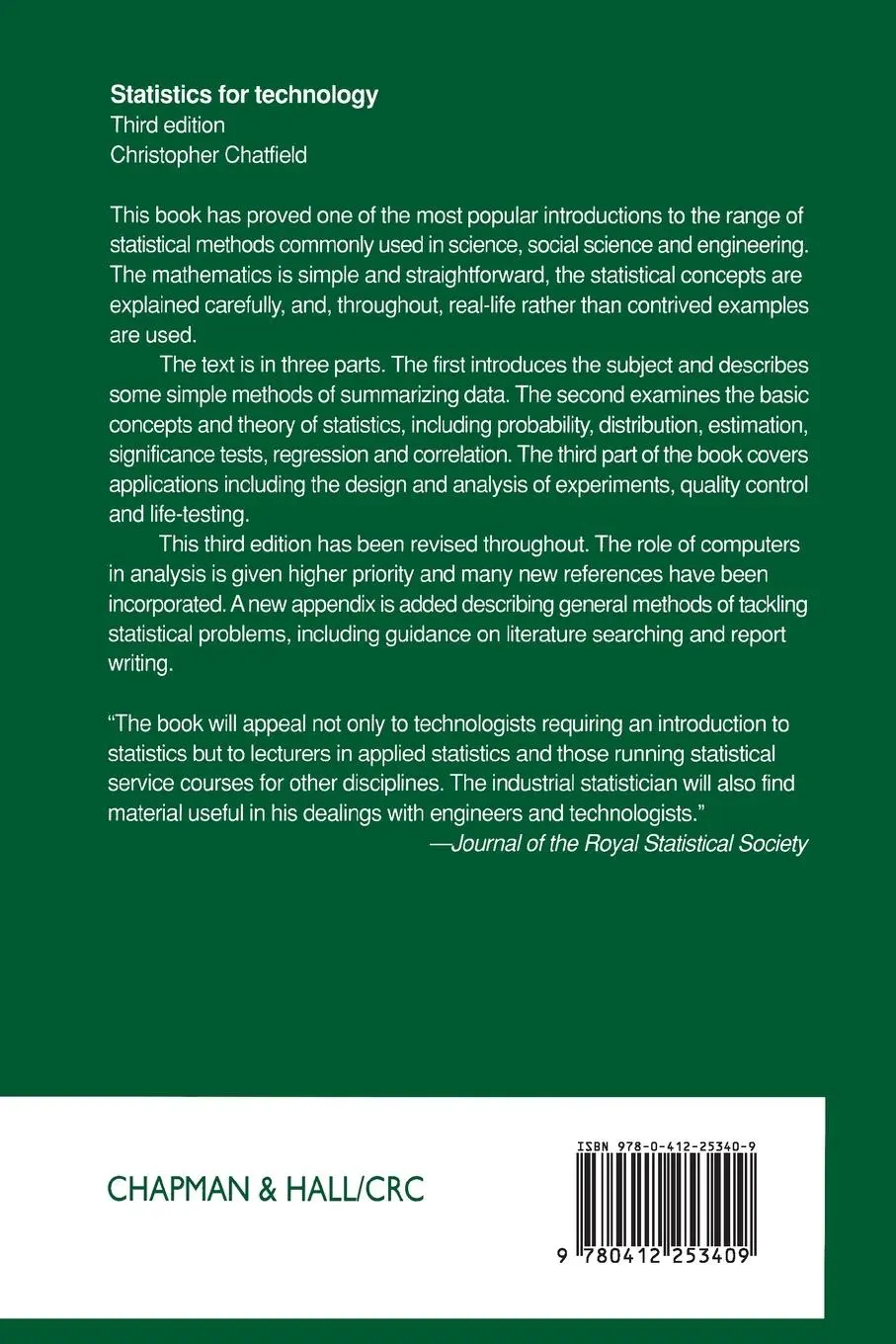 Rückseite: 9780412253409 | Statistics for Technology | Chris Chatfield | Taschenbuch | Englisch