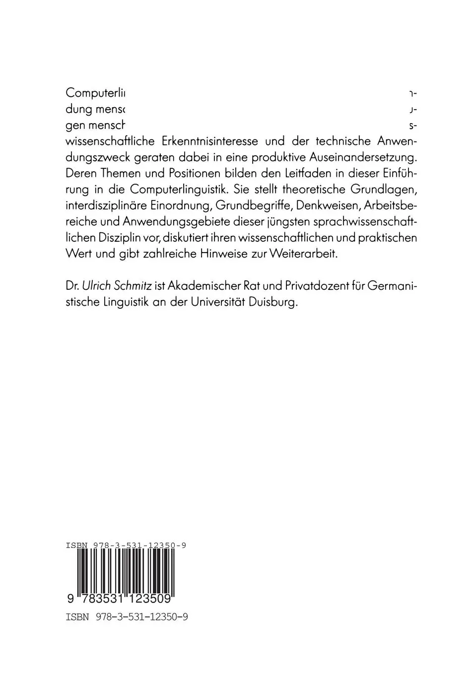 Rückseite: 9783531123509 | Computerlinguistik | Eine Einführung | Ulrich Schmitz | Taschenbuch