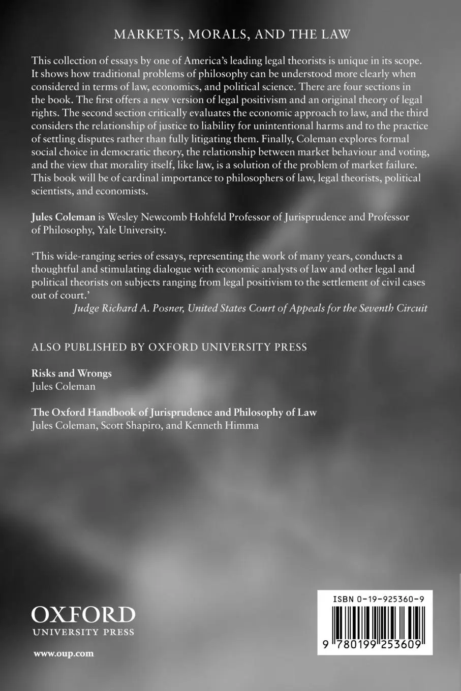 Rückseite: 9780199253609 | Markets, Morals, and the Law | Jules L. Coleman | Taschenbuch | 2002