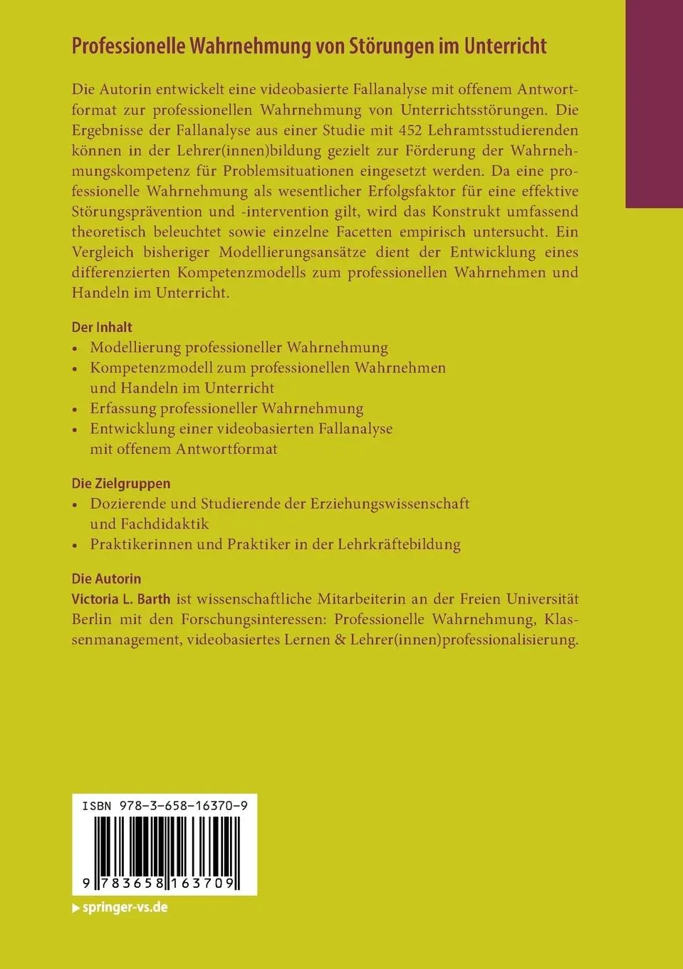 Rückseite: 9783658163709 | Professionelle Wahrnehmung von Störungen im Unterricht | Barth | Buch