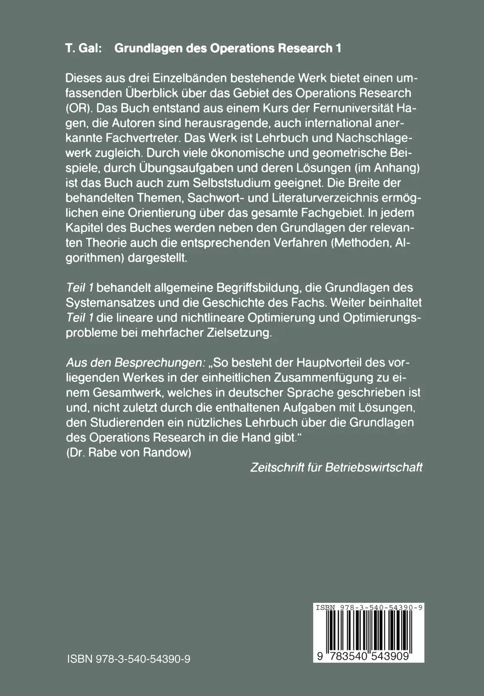 Rückseite: 9783540543909 | Grundlagen des Operations Research | Tomas Gal | Taschenbuch | xii