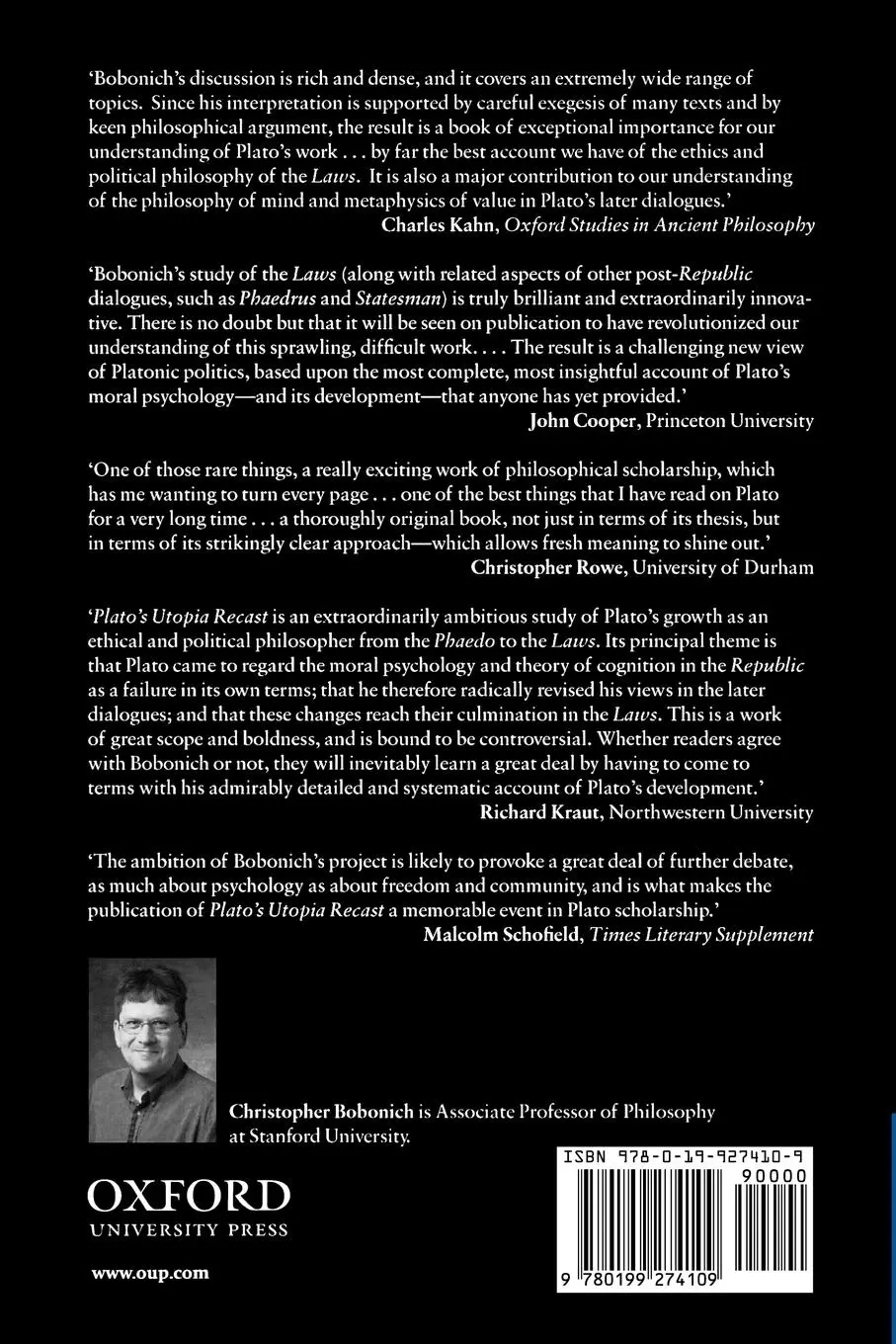 Rückseite: 9780199274109 | Plato's Utopia Recast | His Later Ethics and Politics | Bobonich
