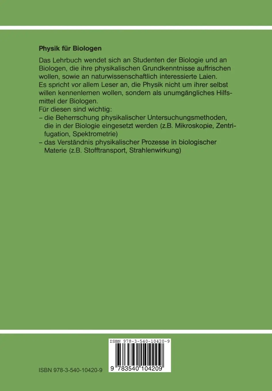 Rückseite: 9783540104209 | Physik für Biologen | H. Diehl (u. a.) | Taschenbuch | xvii | Deutsch