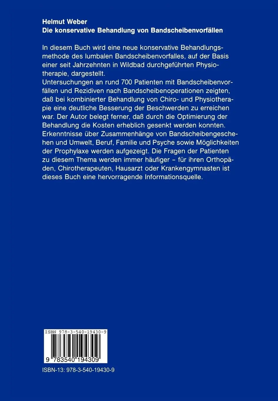 Rückseite: 9783540194309 | Die konservative Behandlung von Bandscheibenvorfällen | Helmut Weber
