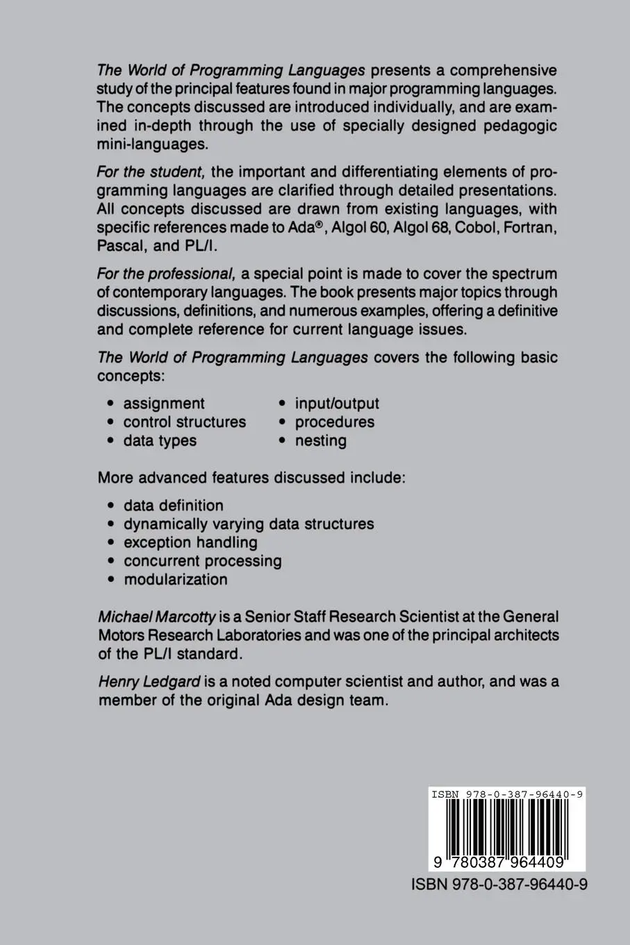 Rückseite: 9780387964409 | The World of Programming Languages | Michael Marcotty (u. a.) | Buch