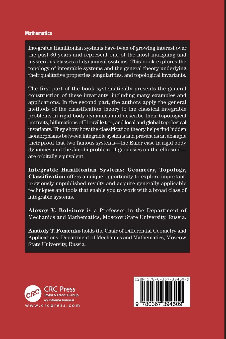 Rückseite: 9780367394509 | Integrable Hamiltonian Systems | Geometry, Topology, Classification
