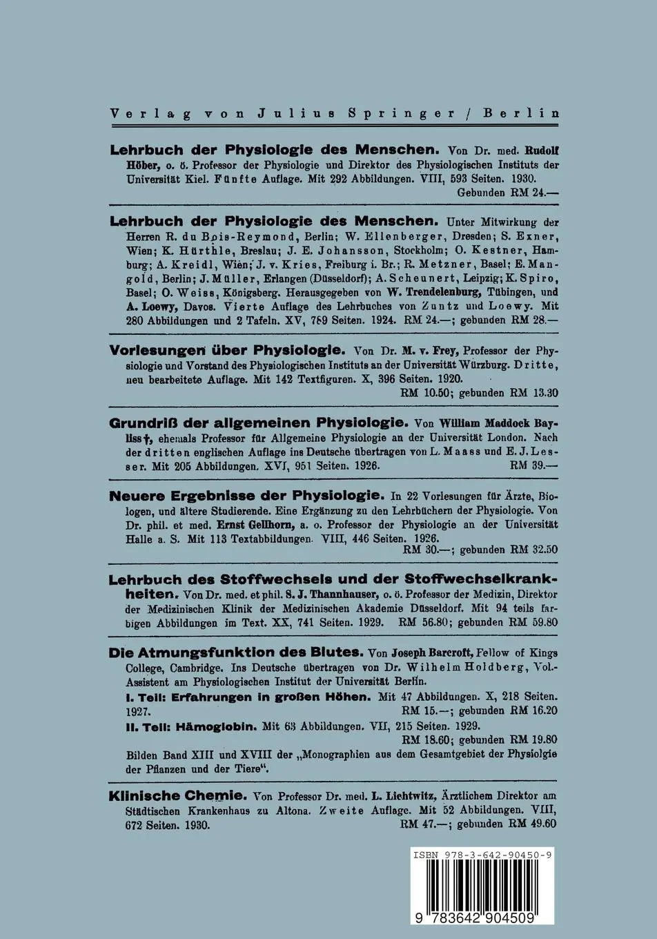 Rückseite: 9783642904509 | Klinische Physiologie | Dritter (Schuluss-) Teil | Berhard Stuber | iv
