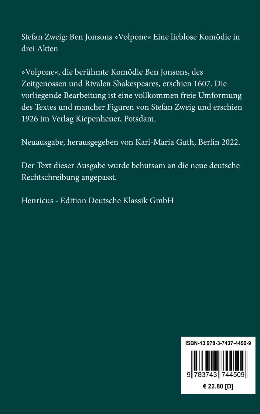 Rückseite: 9783743744509 | Ben Jonsons 'Volpone' | Eine lieblose Komödie in drei Akten | Zweig