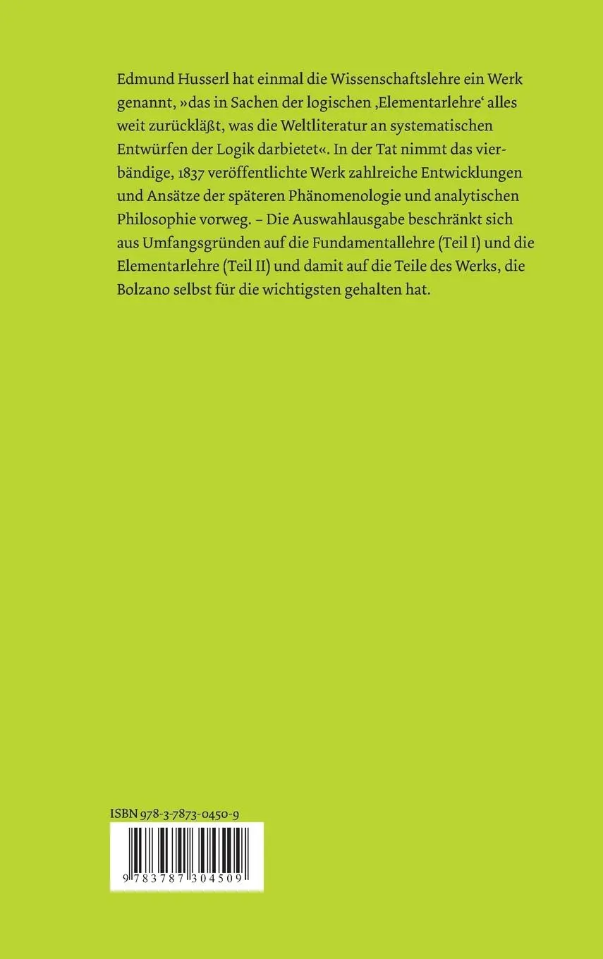 Rückseite: 9783787304509 | Grundlegung der Logik | Wissenschaftslehre I/II | Bernard Bolzano