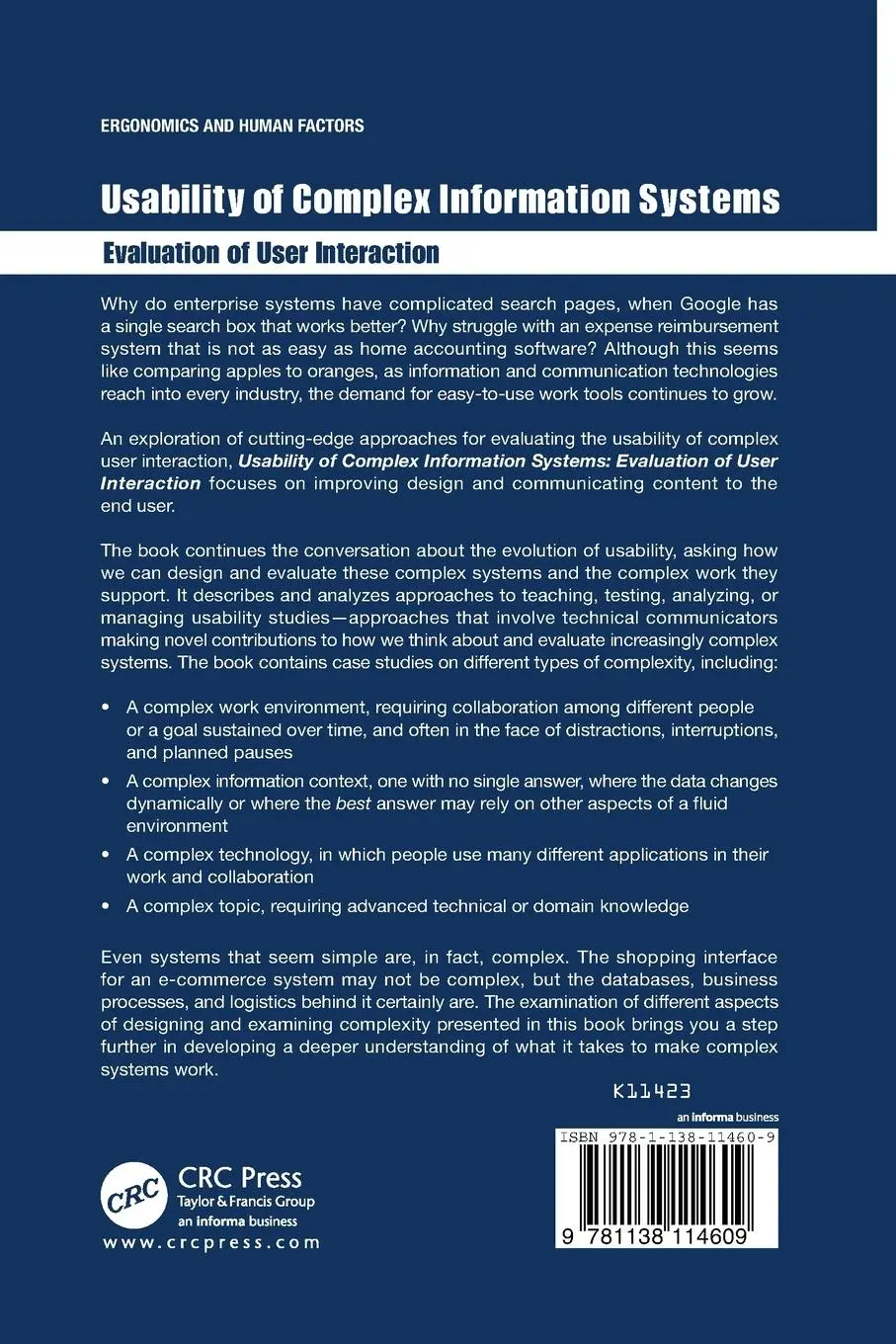 Rückseite: 9781138114609 | Usability of Complex Information Systems | Michael Albers (u. a.)