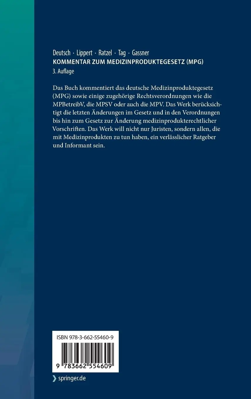 Rückseite: 9783662554609 | Kommentar zum Medizinproduktegesetz (MPG) | Erwin Deutsch (u. a.)