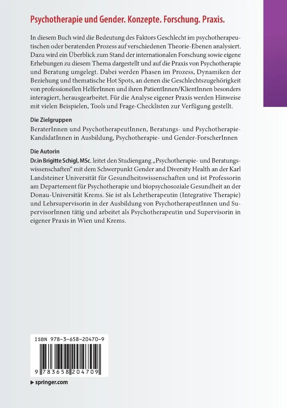Rückseite: 9783658204709 | Psychotherapie und Gender. Konzepte. Forschung. Praxis. | Schigl