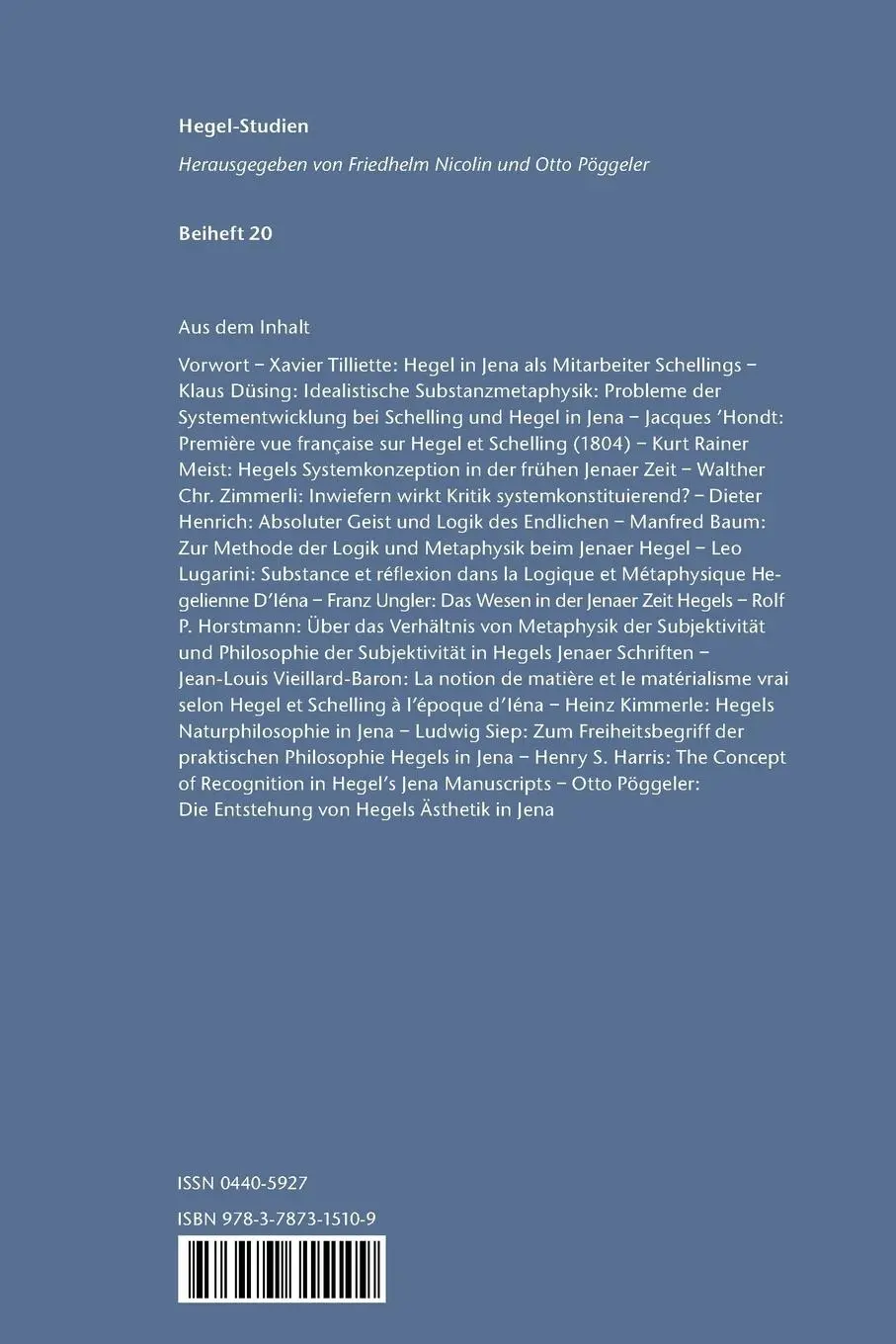 Rückseite: 9783787315109 | Hegel in Jena. Die Entwicklung des Systems und die Zusammenarbeit...
