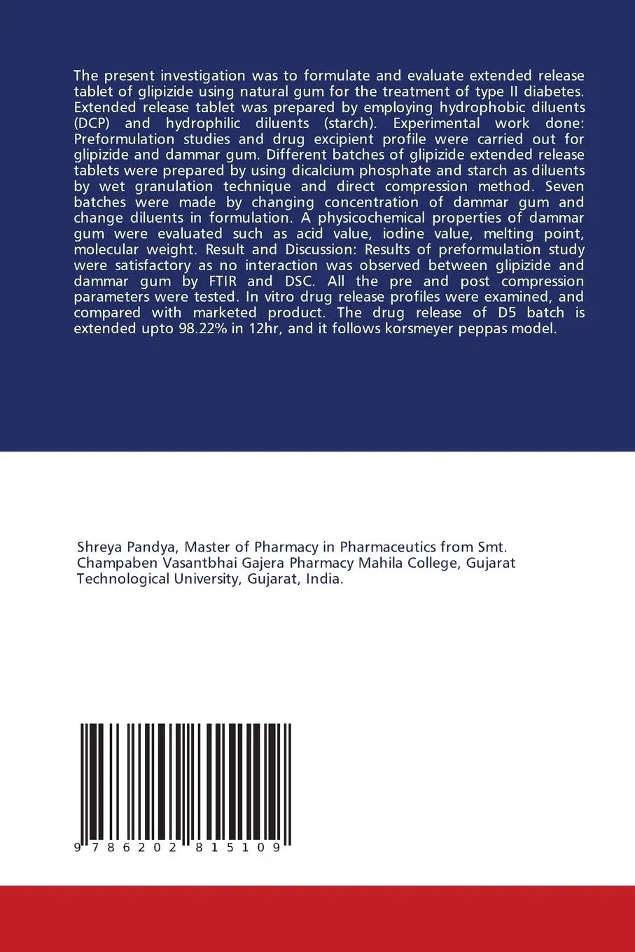 Rückseite: 9786202815109 | Extended Release Tablet of Glipizide | An Anti-diabetic Drug | Buch