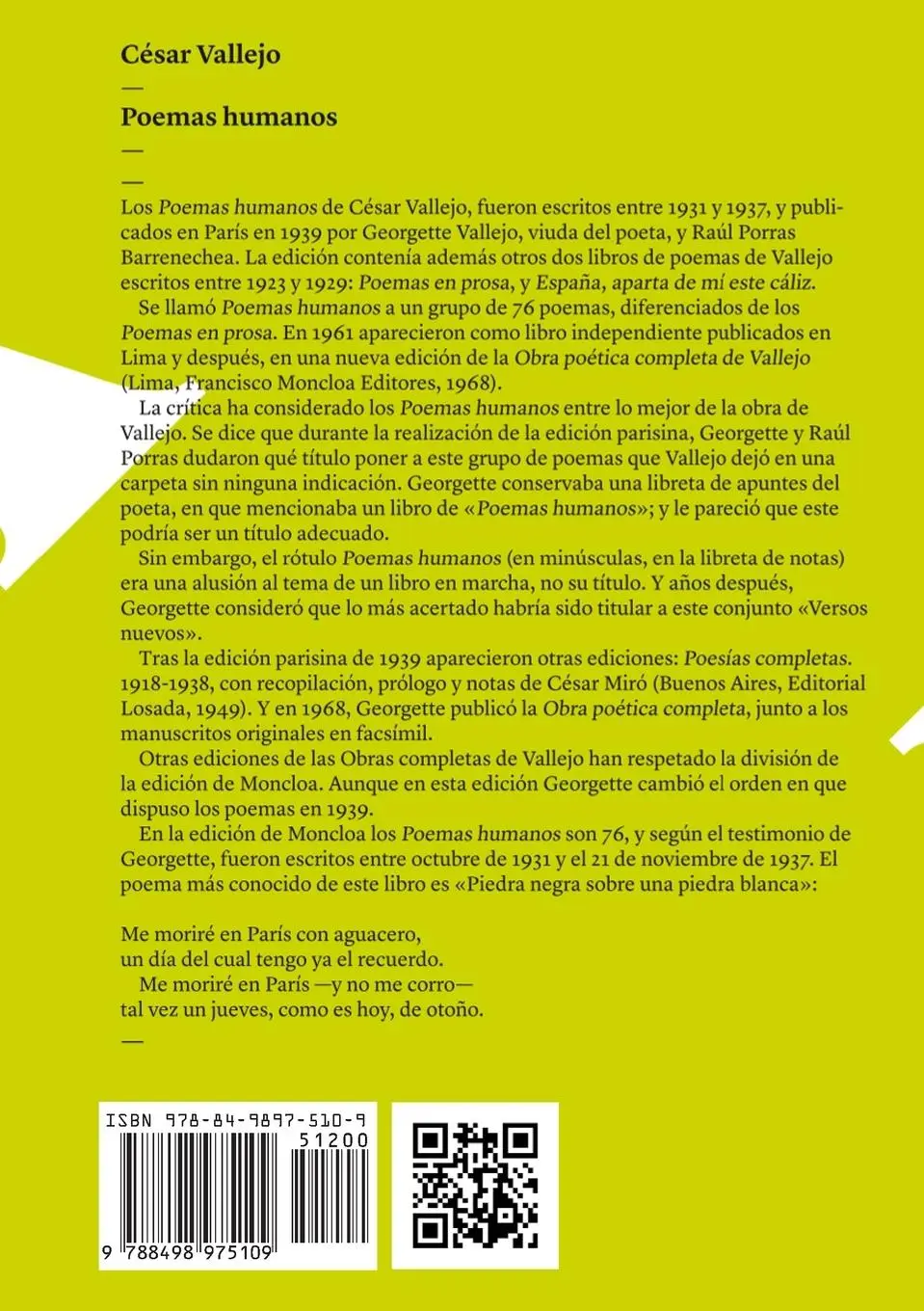 Rückseite: 9788498975109 | Poemas humanos | César Vallejo | Taschenbuch | Spanisch | 2024
