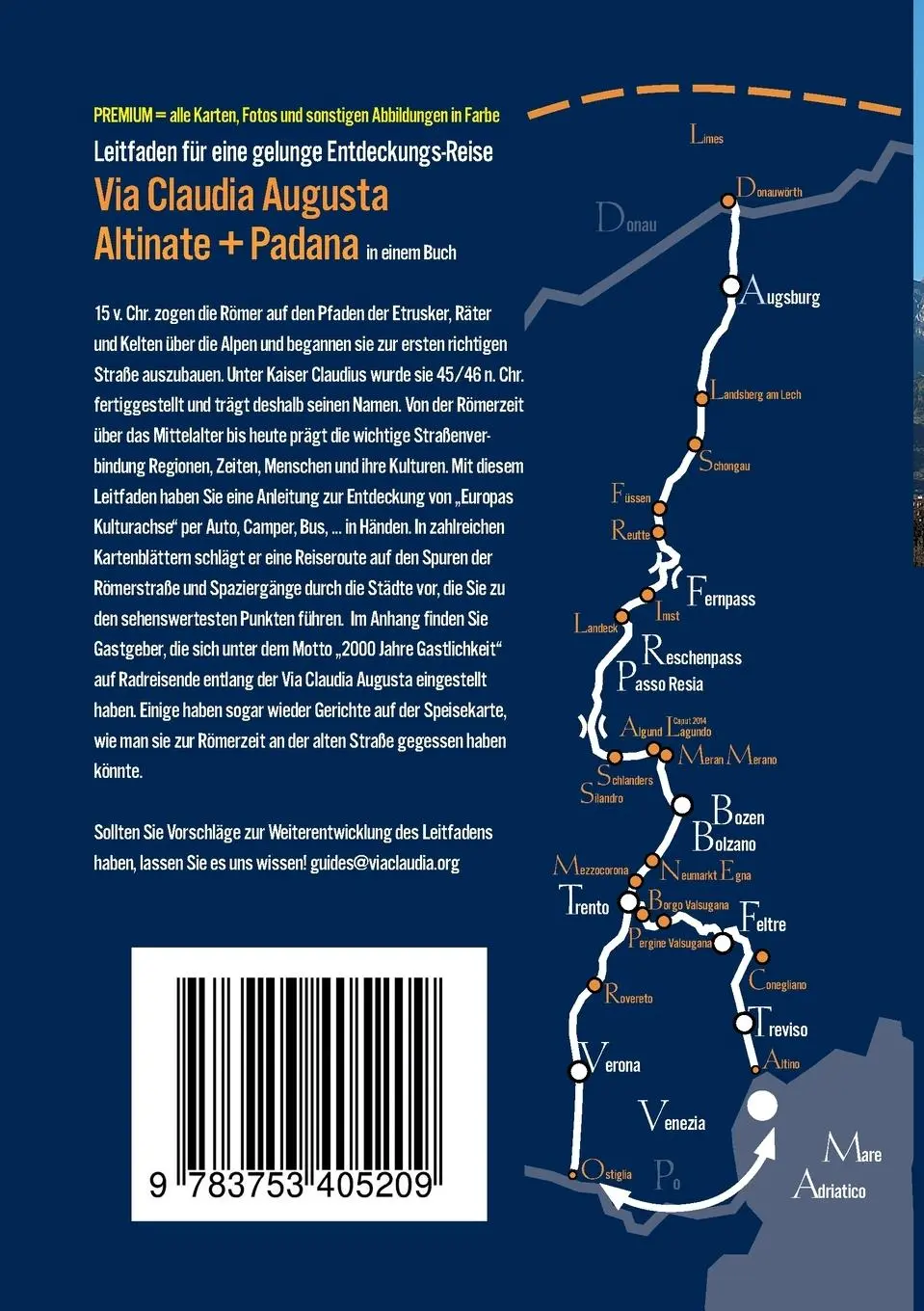 Rückseite: 9783753405209 | Via Claudia Augusta mit Auto, Camper, Bus, ..."Altinate" + "Padana"...