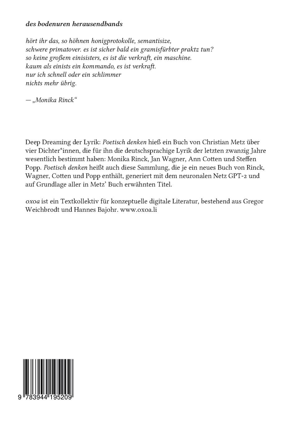Rückseite: 9783944195209 | Poetisch denken 1: Monika Rinck | Xa (Hg. | Taschenbuch | 160 S.