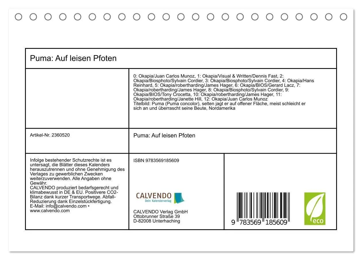 Bild: 9783569185609 | Puma: Auf leisen Pfoten (Tischkalender 2027 DIN A5 quer), CALVENDO...