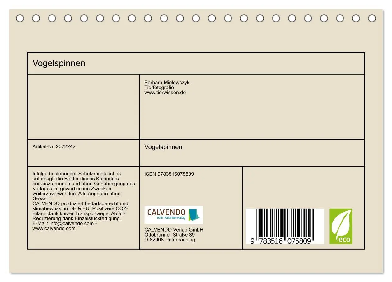 Bild: 9783516075809 | Vogelspinnen (Tischkalender 2026 DIN A5 quer), CALVENDO Monatskalender