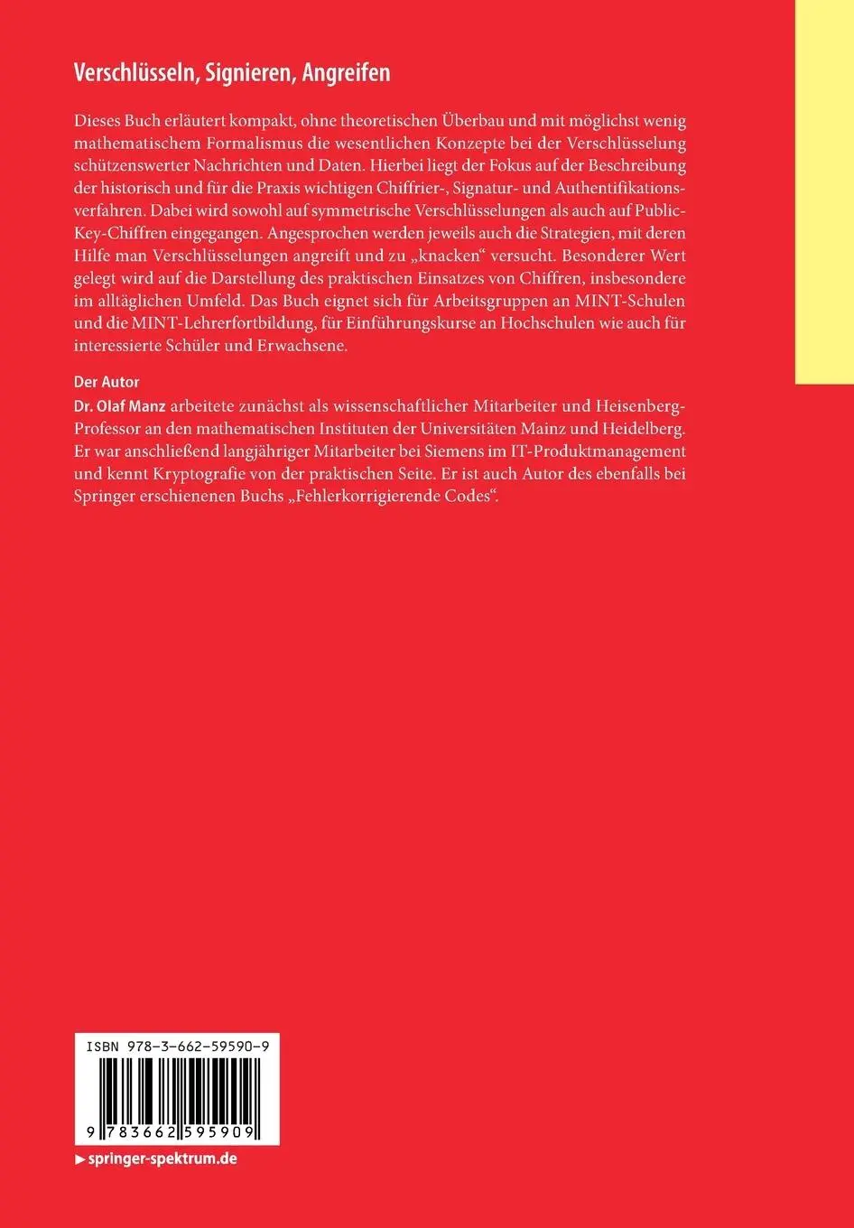 Rückseite: 9783662595909 | Verschlüsseln, Signieren, Angreifen | Olaf Manz | Taschenbuch | x