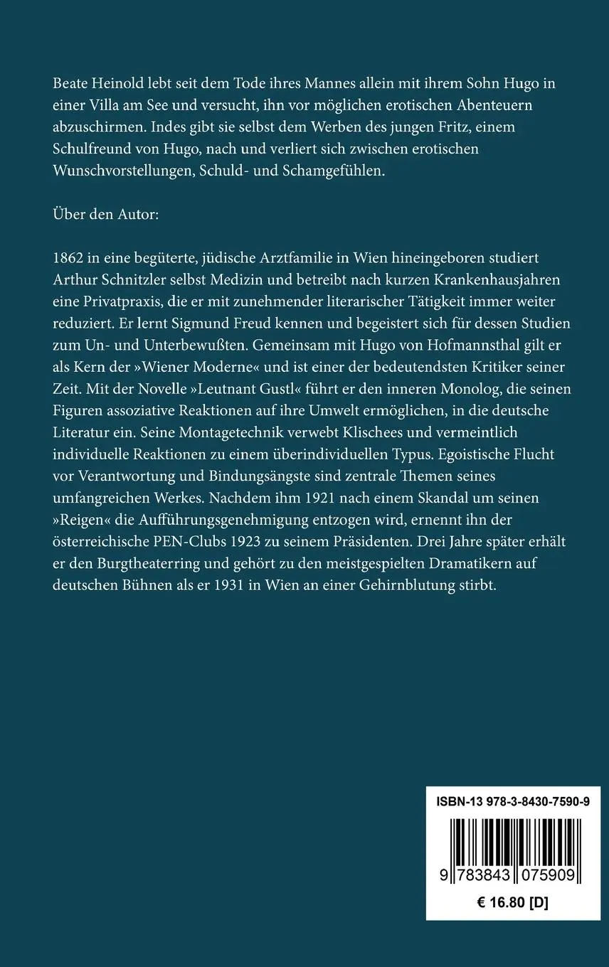 Rückseite: 9783843075909 | Frau Beate und ihr Sohn | Arthur Schnitzler | Buch | 72 S. | Deutsch