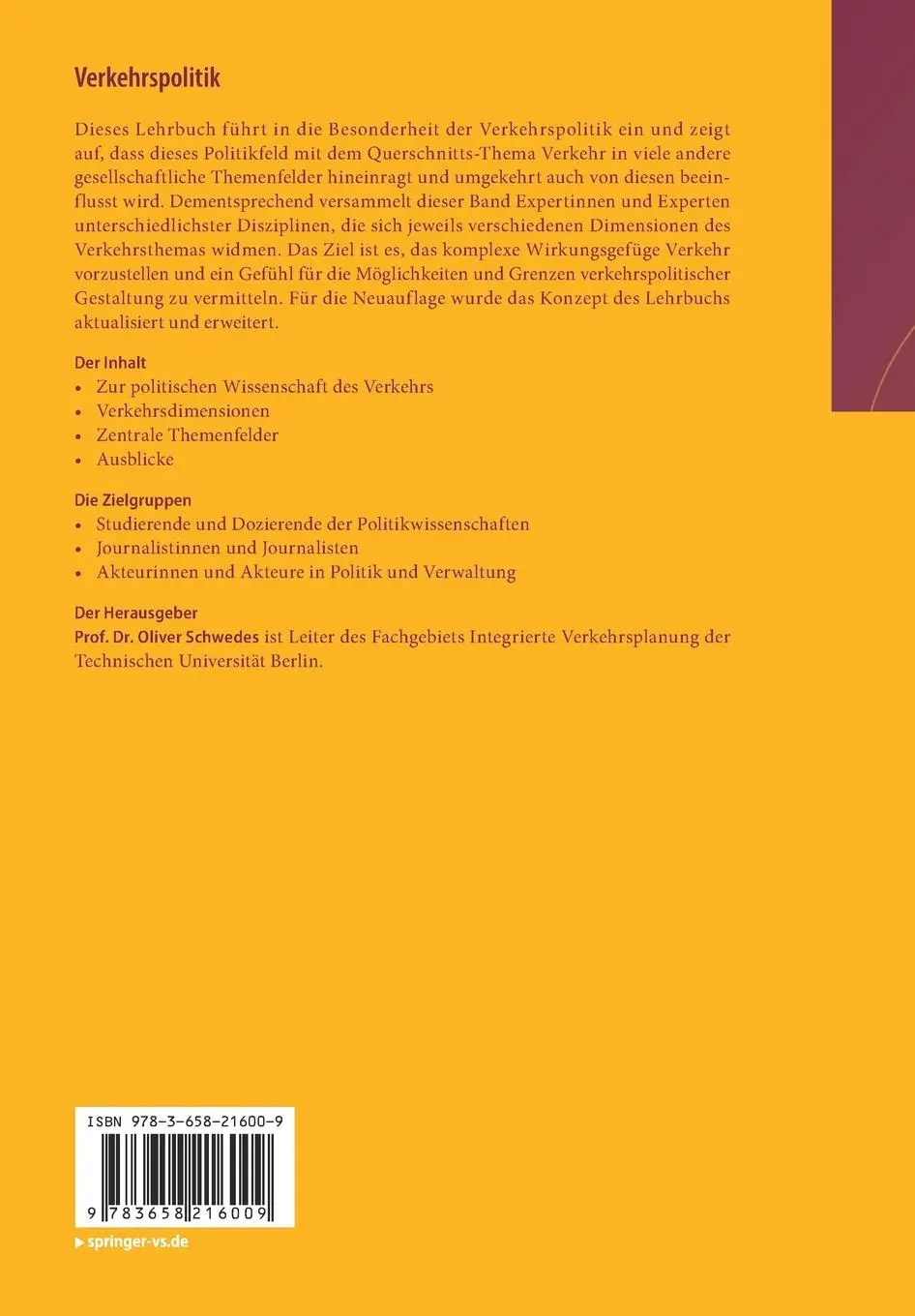 Rückseite: 9783658216009 | Verkehrspolitik | Eine interdisziplinäre Einführung | Oliver Schwedes
