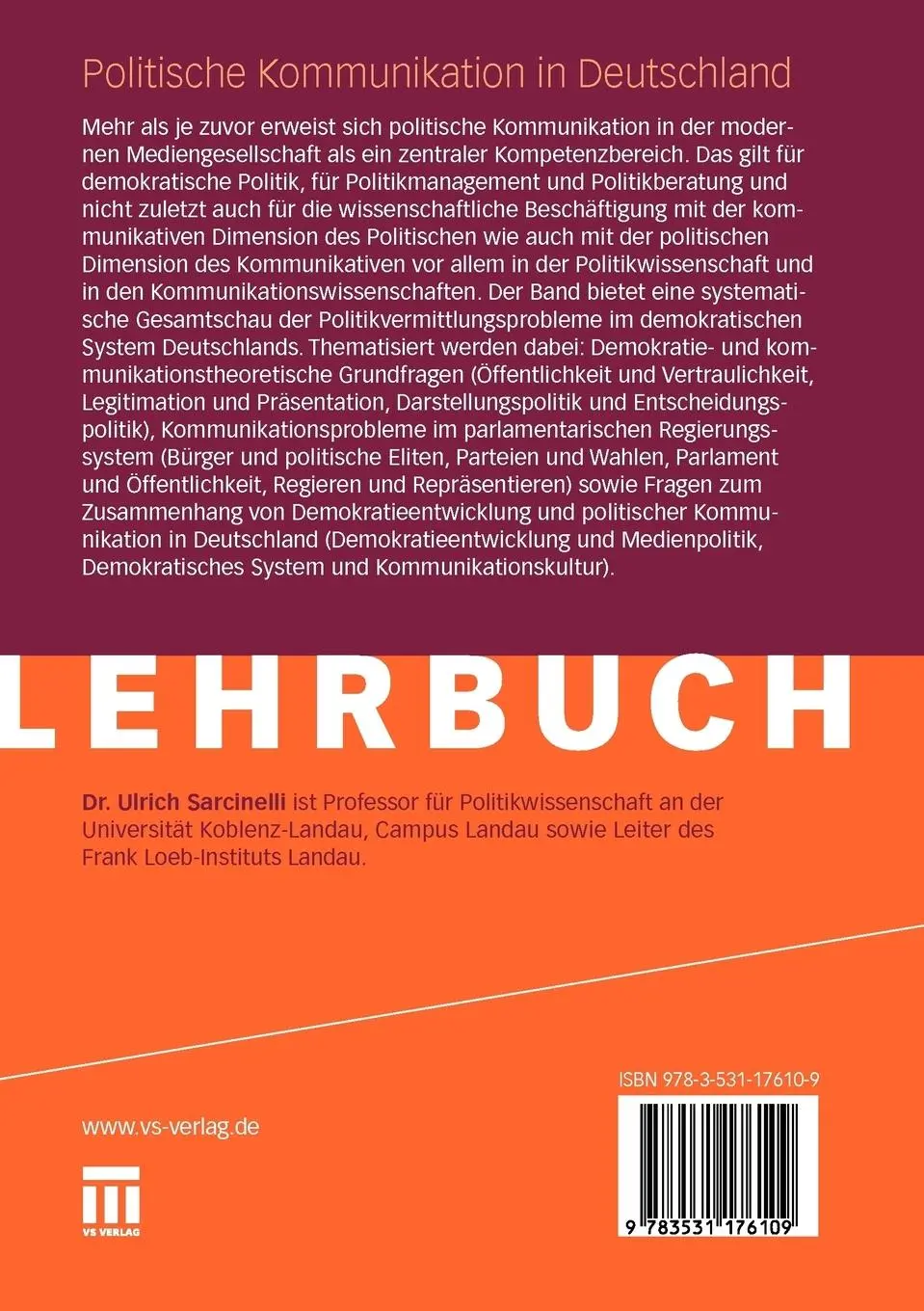 Rückseite: 9783531176109 | Politische Kommunikation in Deutschland | Ulrich Sarcinelli | Buch