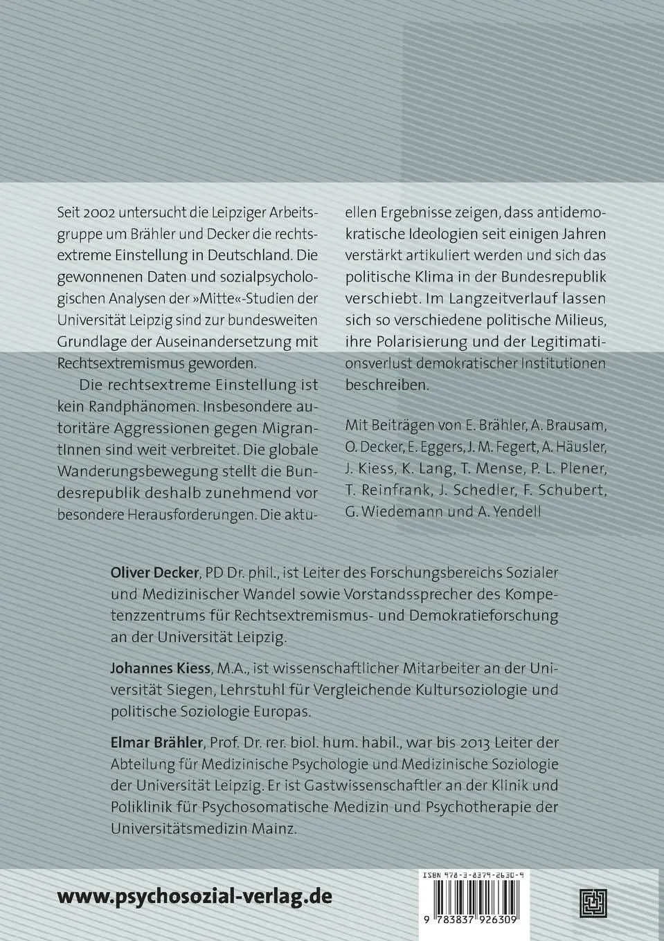 Rückseite: 9783837926309 | Die enthemmte Mitte | Elmar Brähler (u. a.) | Taschenbuch | 249 S.