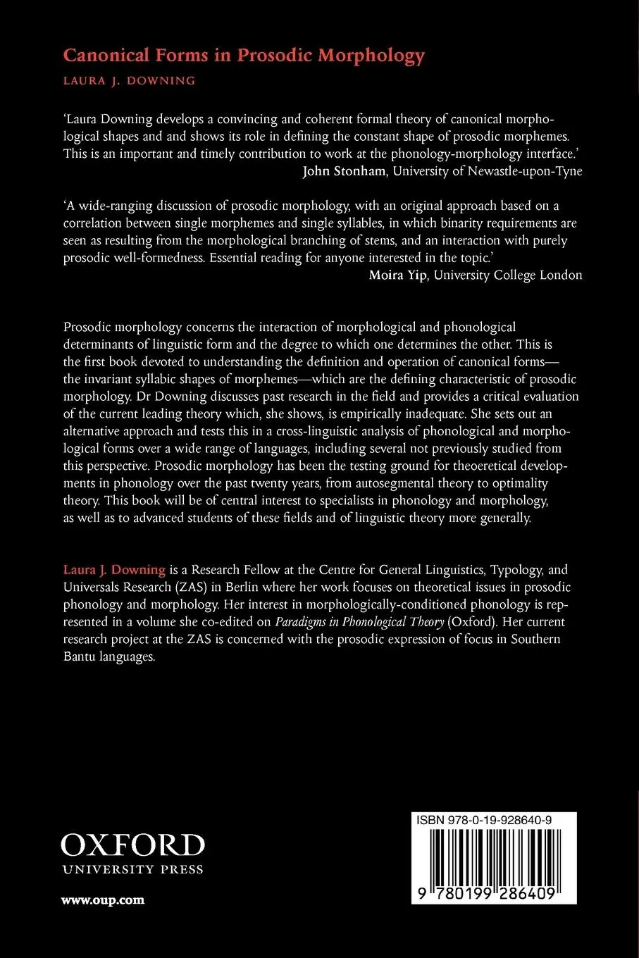 Rückseite: 9780199286409 | Canonical Forms in Prosodic Morphology | Laura J. Downing | Buch