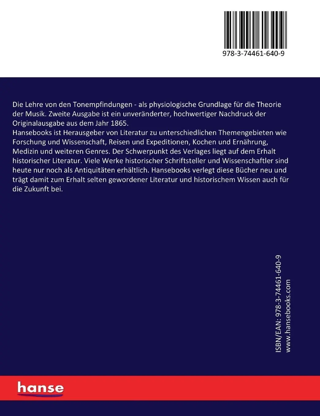 Rückseite: 9783744616409 | Die Lehre von den Tonempfindungen | Hermann Von Helmholtz | Buch