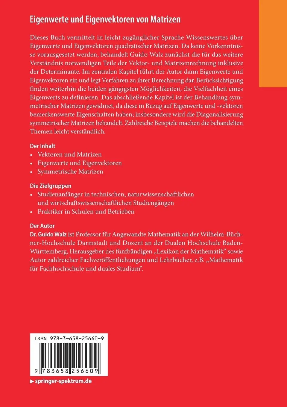 Rückseite: 9783658256609 | Eigenwerte und Eigenvektoren von Matrizen | Guido Walz | Taschenbuch
