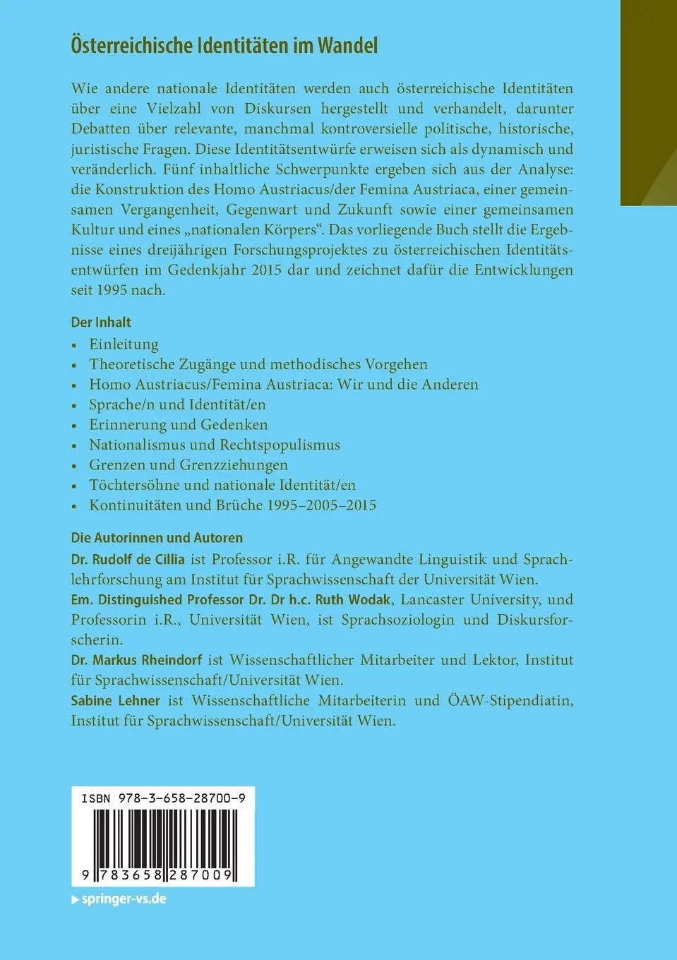 Rückseite: 9783658287009 | Österreichische Identitäten im Wandel | Rudolf De Cillia (u. a.)