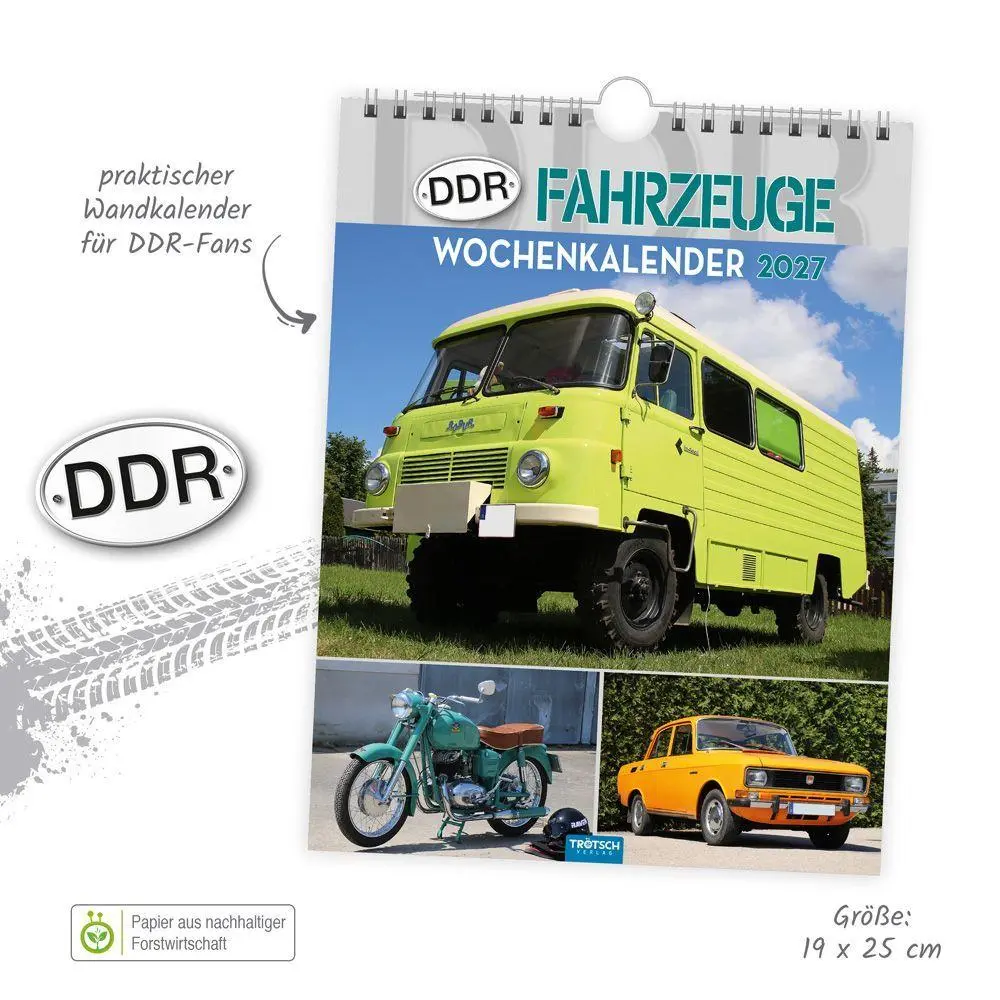 Bild: 9783988027009 | TRÖTSCH - Wochenkalender zum Hängen DDR-Fahrzeuge 2027 | Wandkalender